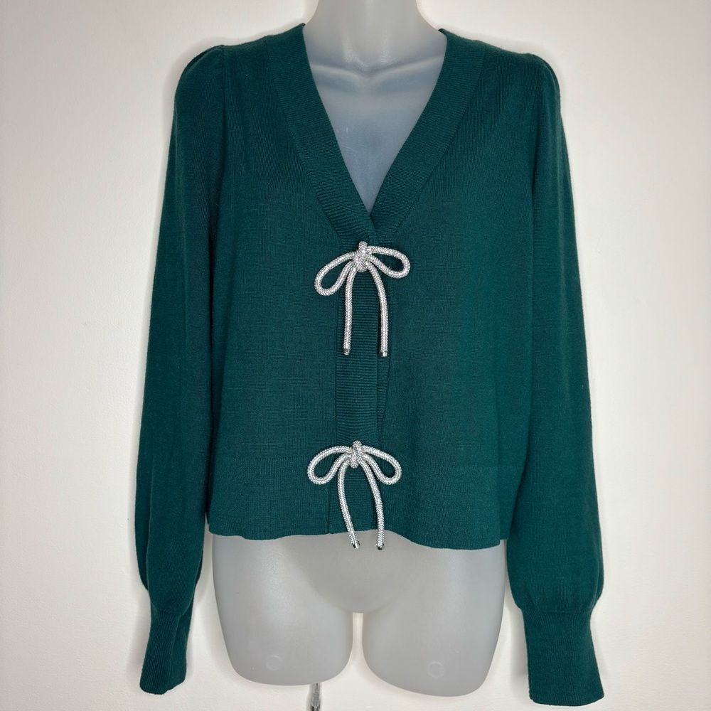 Express Green v neck sweater Silver bow detail size small